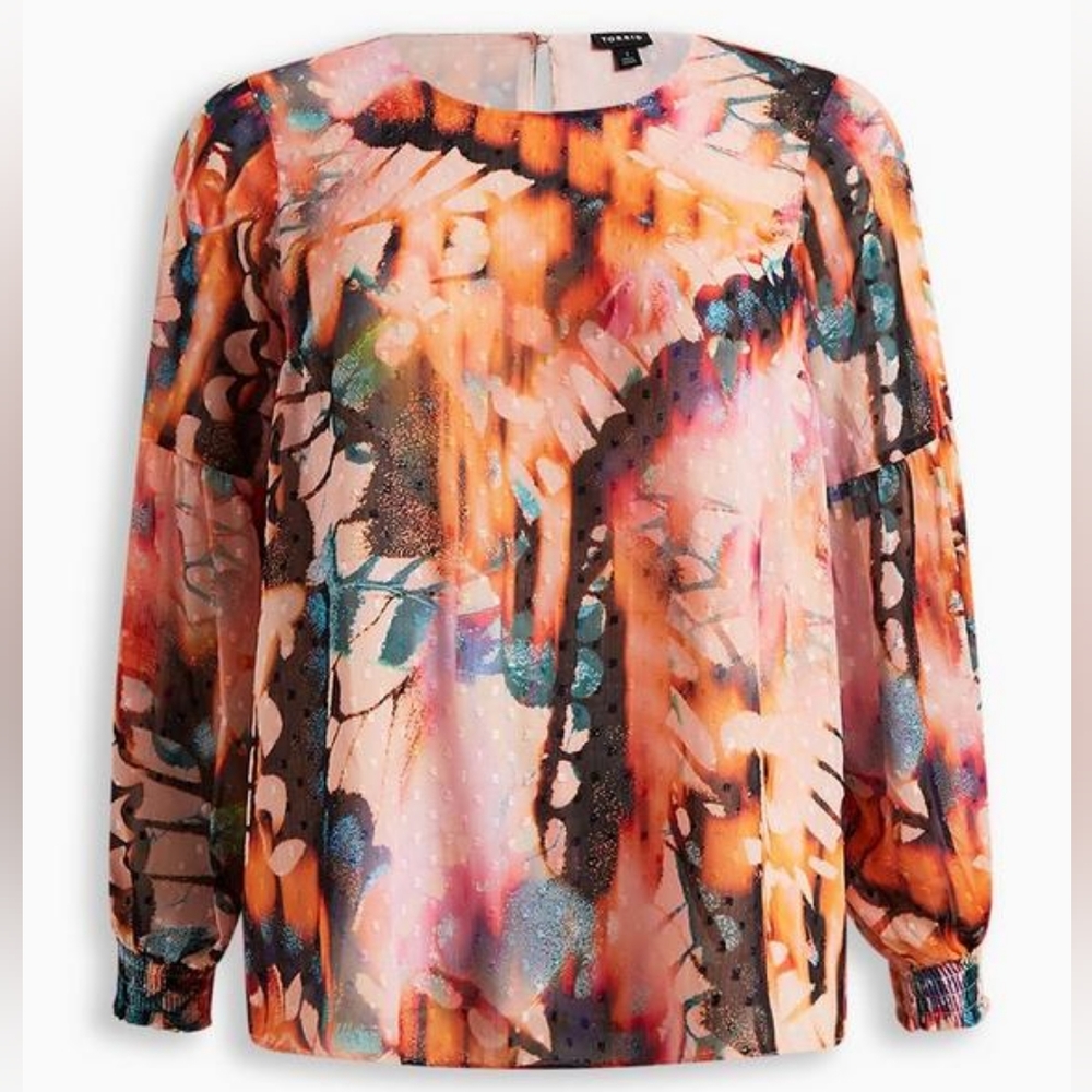 Torrid plus floral blouson long sleeves scoop neck top, 4XL, orange - Picture 3 of 14